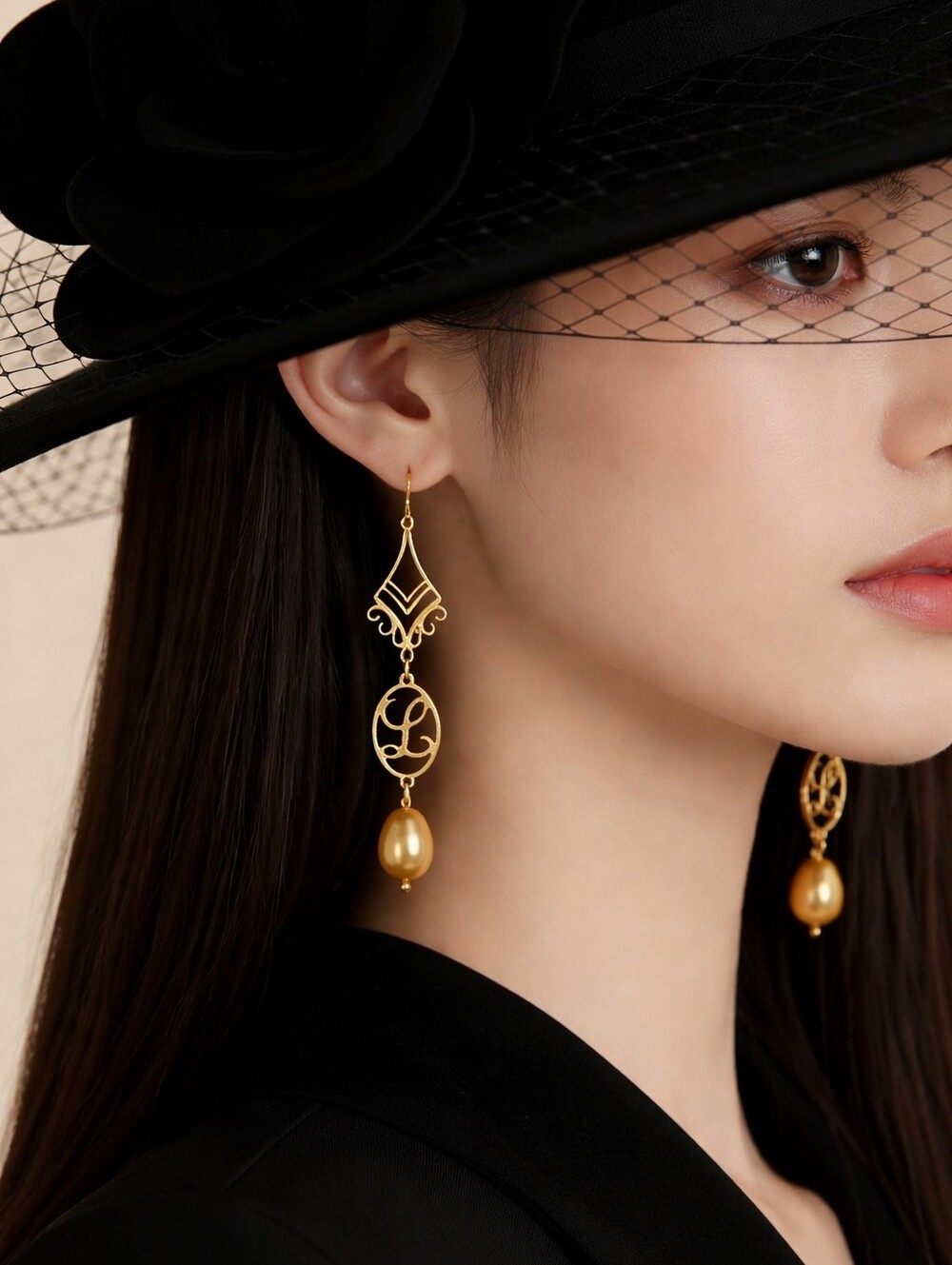 Filigree Earrings with L Initial Monogram And Swarovski Crystal Gold Pearl Drop